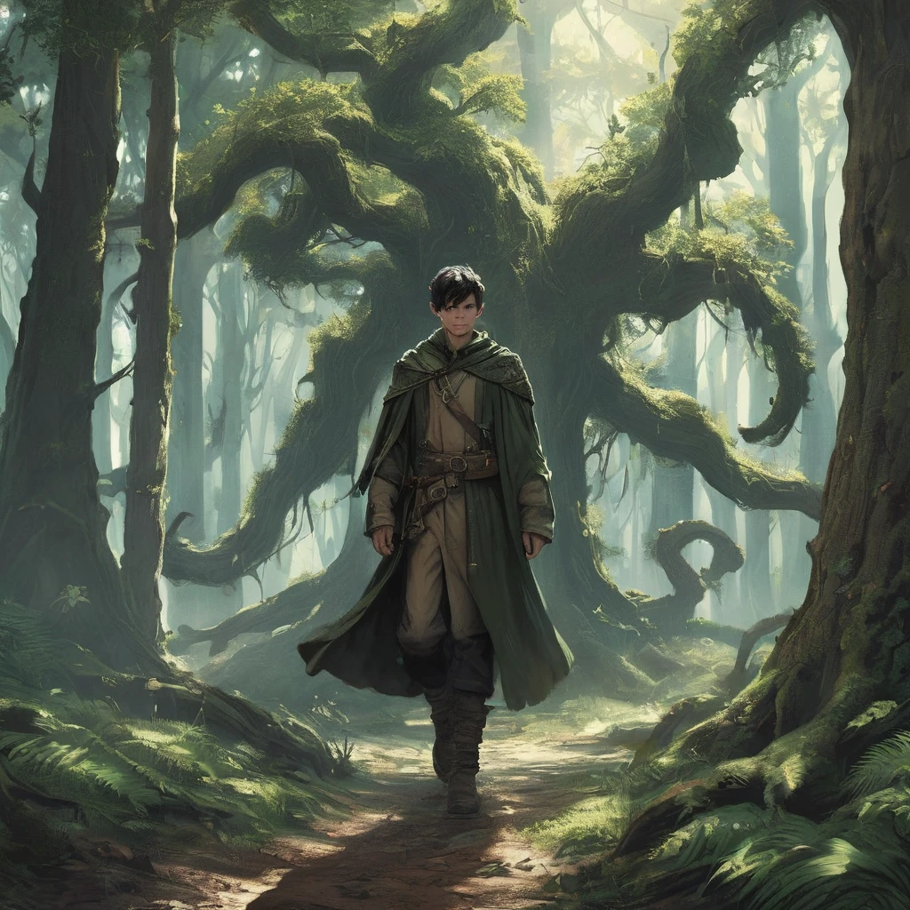 Under the canopy of ancient, twisted trees, a young male teenager with short black hair stands at the edge of a foreboding forest. His simple brown farmer's outfit, worn and patched, contrasts sharply with the shadowy, mystical ambiance of the woods.
From the back, he appears to be contemplating the path before him, the dim light of the setting sun casting long shadows around him. The forest ahead is thick with gnarled roots and whispering leaves, alive with the unseen presence of mythical creatures and hidden dangers.
In his hand, he clutches a worn leather satchel, a symbol of his humble beginnings and the simple life he left behind. As he steps forward, the forest seems to close in, the air growing colder and filled with the faint sounds of distant howls and rustling underbrush.
What secrets lie ahead on the path he has chosen? What trials will he face in the heart of the dark, enchanted forest? This is the beginning of his journey, one that will test his courage, resolve, and the very essence of his character.