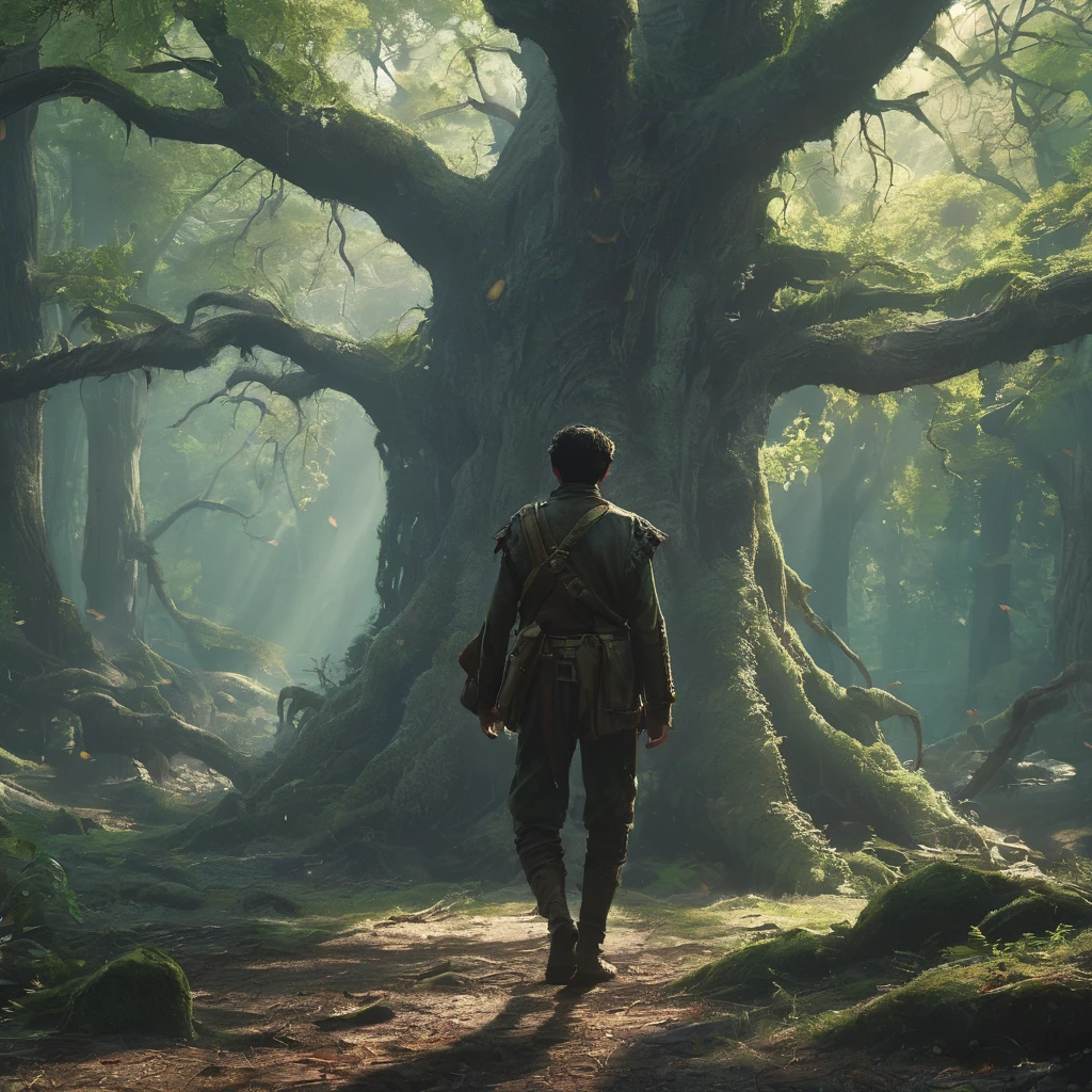 Under the canopy of ancient, twisted trees, a young male teenager with short black hair stands at the edge of a foreboding forest. His simple brown farmer's outfit, worn and patched, contrasts sharply with the shadowy, mystical ambiance of the woods.

From the back, he appears to be contemplating the path before him, the dim light of the setting sun casting long shadows around him. The forest ahead is thick with gnarled roots and whispering leaves, alive with the unseen presence of mythical creatures and hidden dangers.

In his hand, he clutches a worn leather satchel, a symbol of his humble beginnings and the simple life he left behind. As he steps forward, the forest seems to close in, the air growing colder and filled with the faint sounds of distant howls and rustling underbrush.

What secrets lie ahead on the path he has chosen? What trials will he face in the heart of the dark, enchanted forest? This is the beginning of his journey, one that will test his courage, resolve, and the very essence of his character.