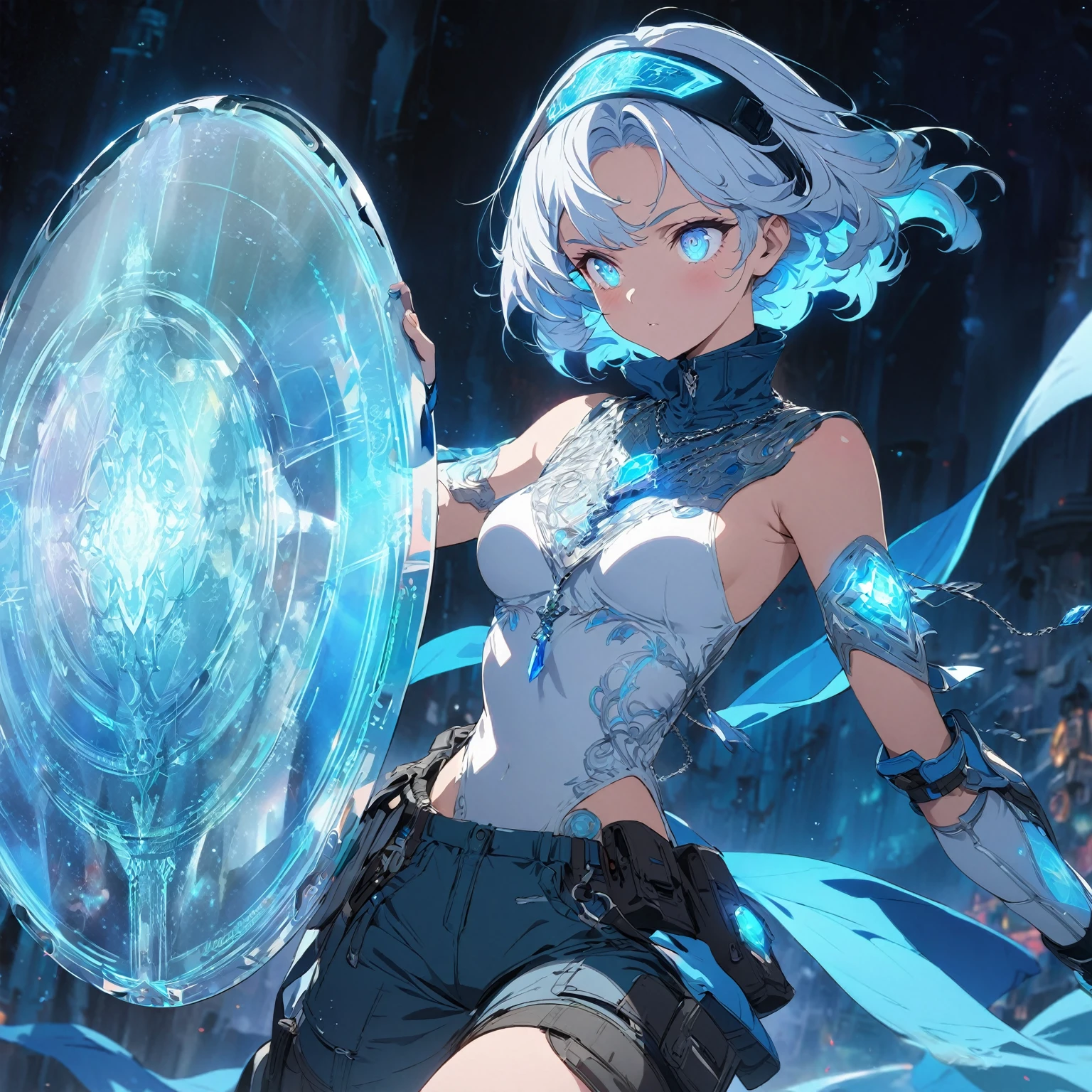 Create an image of a gentle girl with short, silvery-blue hair wearing a fitted, high-collar, long-sleeved shirt with glowing runic patterns, slim-fit cargo pants, fingerless gloves with LED strips, articulated knee guards, and sturdy, glowing-trim combat boots; she has a high-tech headband, (nude:0.8) a silver necklace with a crystal pendant, and a wrist-mounted holographic projector, and she is generating a large, translucent energy shield with intricate, glowing blue patterns, standing in a dynamic yet gentle pose with a dark, dramatic background illuminated by blue light and energy waves, detailed gorgeous face| anime style| key visual| intricate detail| highly detailed| breathtaking| vibrant| panoramic| cinematic| Carne Griffiths| Conrad Roset| gibbli 8