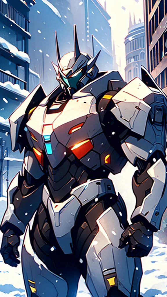 (((masterpiece))),16K,best quality,, 1 Boy, armor,  clasped hands, ,Male focus, , power armor, alone, Permanent,Snow falling all around，Doomsday，Gray mecha，urban ruins，Reinforced armor，Wearing a large mecha suit，Body weight of benzene