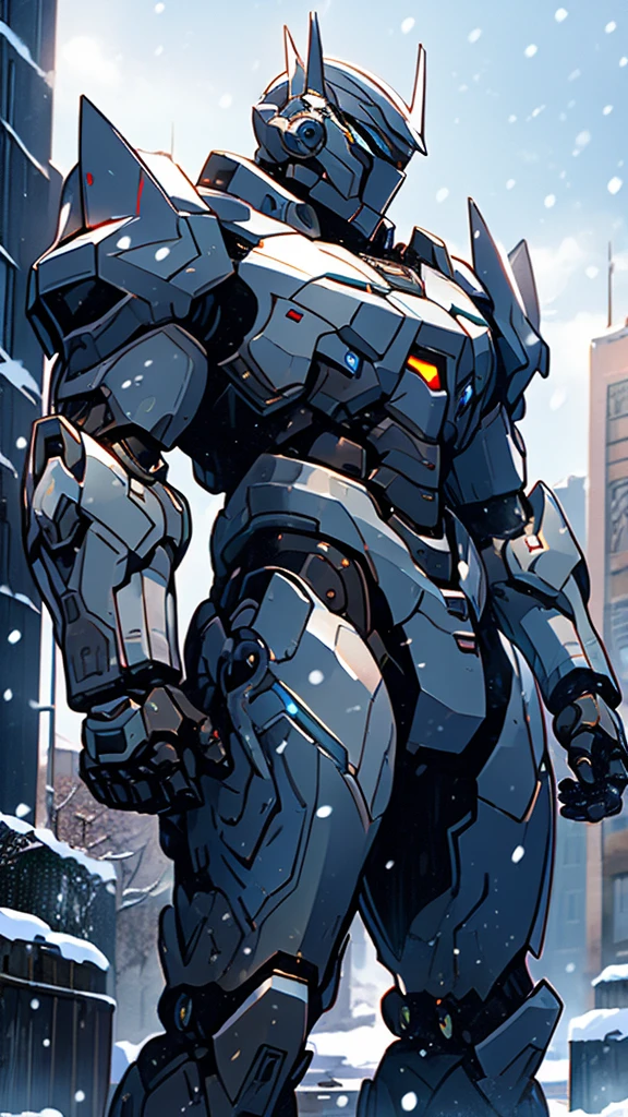 (((masterpiece))),16K,best quality,, 1 Boy, armor,  clasped hands, ,Male focus, , power armor, alone, Permanent,Snow falling all around，Doomsday，Gray mecha，urban ruins，Reinforced armor，Wearing a large mecha suit，Body weight of benzene