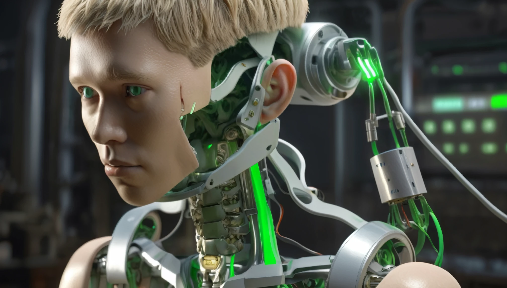 1 mechanical boy, male, short hair, short haircut, blonde hair, green eyes, blonde, (24 age) ((ultra realistic details)), global illumination, shadows, octane render, 8k, ultra sharp,metal, intricate, ornaments detailed, highly intricate details, realistic light, glowing eyes, neon details, mechanical limbs, blood vessels connected to tubes, mechanical cervical attaching to neck, wires and cables connecting to head, mechanical green arms outstretched