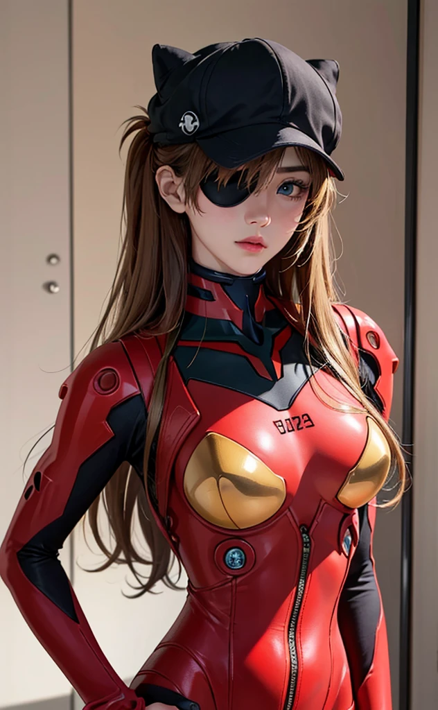 (A masterpiece:1.4、HighestQuali)、(intricately details)、Unity8k wallpapers、ultra - detailed、Beautiful and mysterious、Detailed background、hentail realism、Solo、Perfectly detailed face、Detailed blue eyes、highly detailed、face flushed、hair adornments、Chignon mahogany hair、(Blonde hair)、Plug Suit 02,Shikinami Asuka Langley、Evangelion、Slender 15 year old girl、Black banded eye patch on left eye、Full body suit、with black background、On the waist、Pirate hat、Red chest、Red jersey、White line on the arm,The panties are not completely taken off