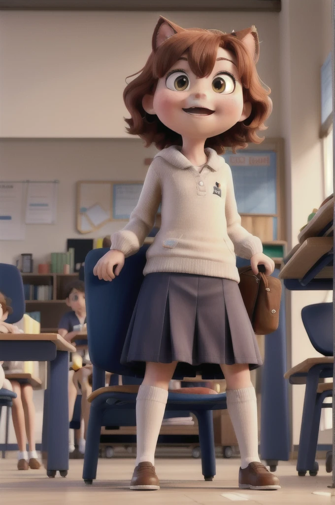 Chat roux dans une classe decole assie sur une chaise avec une tenue d’école