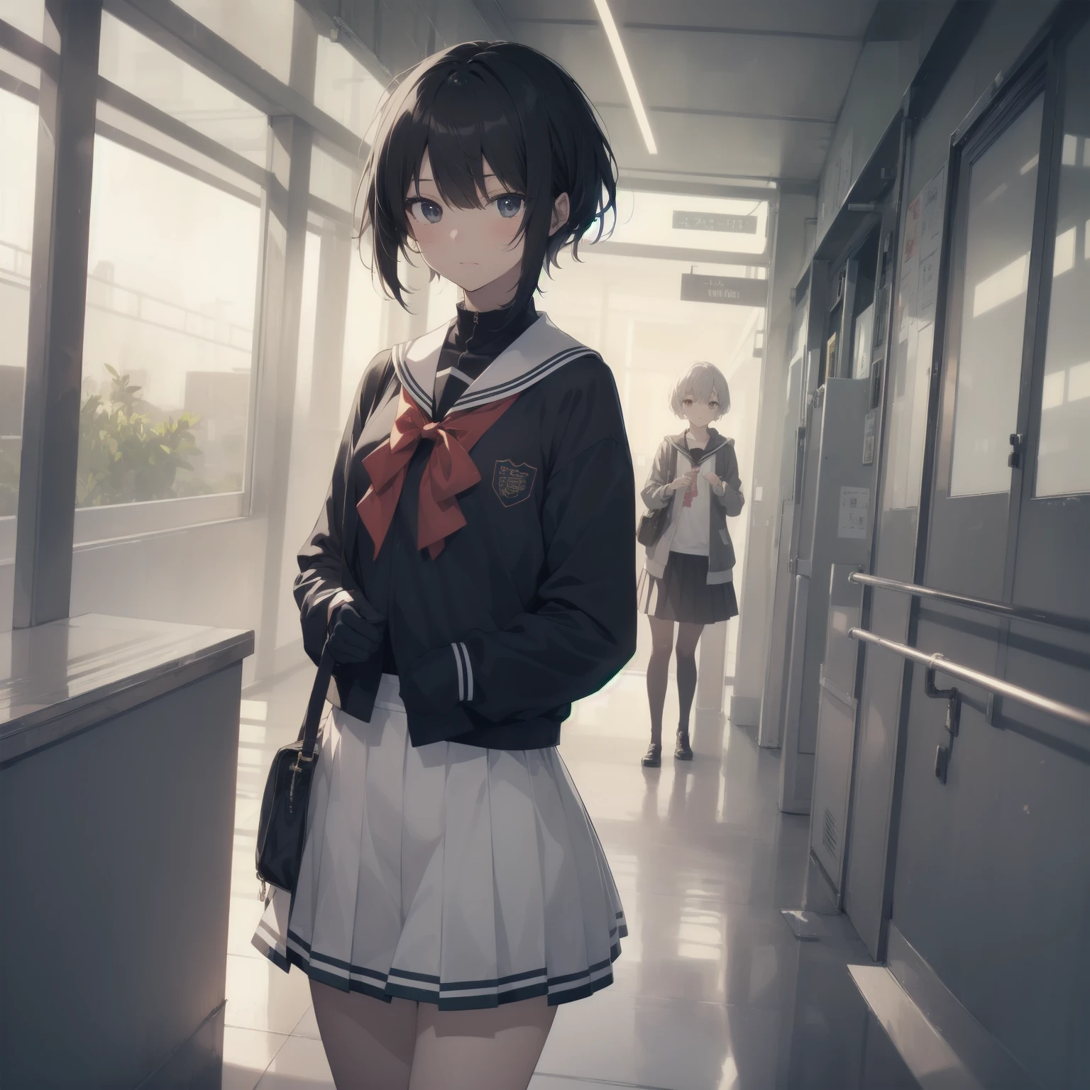 ultra-absurdres-Top quality by artist God, ultra-detailed, high resolution, anime moe artstyle, best anime 8k konachan wallpaper, pixiv contest winner, pool:2810, perfect anatomy,break, 1girl, (Please draw a girl walking sleepily to school alone. )break,(Solo,little female, 13-year-old:1.3),Full limbs, complete fingers,a junior high school student, (very short hair), short cut, flat chest, , small butt, small black eyes, beautiful detailed eyes, well-proportioned iris and pupils, expressive eyes, highres detailed hair, soft expression, salor school_uniform, sailor collar, serahuku, bow, pleated skirt,(Detailed Lighting), (Detailed background), in the School commute route. break,super detailed skin, Best cinematic lighting powered by famous artist, 8k,beauty illustration,photoshop_(medium),very aesthetic,break,((artist:sincos )), artist:clamp ,artist:carnelian ,artist:kantoku ,