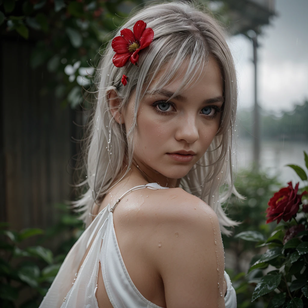 1girl,solo,((beautiful detailed eyes)), (detailed light),depth of field,(white hair),silver eyes,hair over one eye,(red flower ), hair flower,long hair, Renaissance dress with corset,wet,emotionless,looking back,night,starfall,raining,fog,red flowers falling,sketch,upper body,intense shadows,