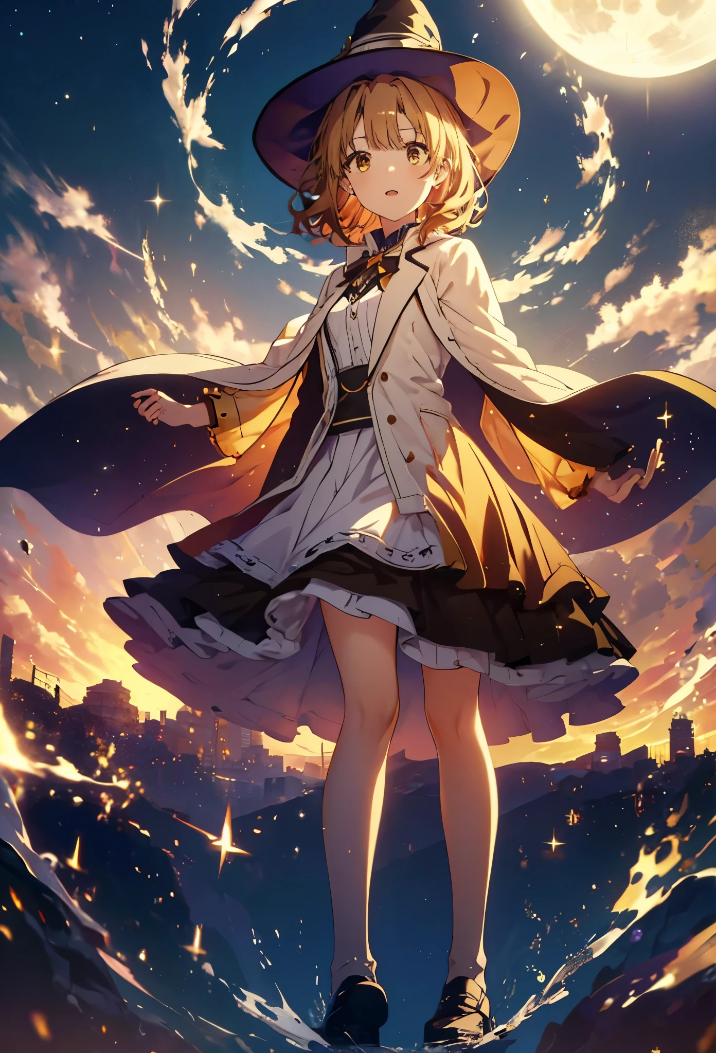 Irohaisshiki, isshiki iroha, short hair, Brown Hair, (Brown eyes:1.5), smile,((Night Sky)),((Big full moon)),((Sparkling and colorful stars)),Fluffy hair,((Idol style costume with soft volume)),Long skirt,Pointed shoes,((gorgeous wizard hat)),((witch)),(magic wand with a jewel on the tip),whole bodyがイラストの中に入っていくように,Explosive Flame,
break outdoors, forest,forest
break looking at viewer,whole body,
break (masterpiece:1.2), Highest quality, High resolution, unity 8k wallpaper, (shape:0.8), (Narrow and beautiful eyes:1.6), Highly detailed face, Perfect lighting, Extremely detailed CG, (Perfect hands, Perfect Anatomy),