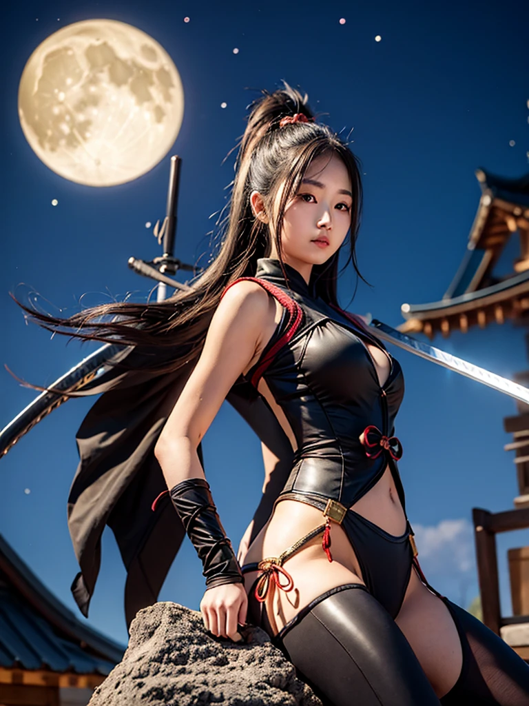 Ninja girl, ninja costume, samurai sword on the back of a statue, golden moon, dark sky.