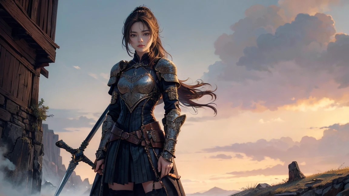 A highly detailed and realistic portrait of a female adventurer from a medieval fantasy setting, shown from the waist up. She is wearing intricately designed leather armor with a dark cloak. Her long hair is tied back in a ponytail, and she has a determined look in her eyes. She carries a well-crafted sword at her side, partially visible in the frame, and has a small satchel slung over her shoulder. Her attire shows signs of wear and tear, indicating her experience and many adventures. The background is plain or blurred to emphasize the character, making her the focal point of the image. The lighting is natural, with soft shadows to highlight the details of her armor and facial features.