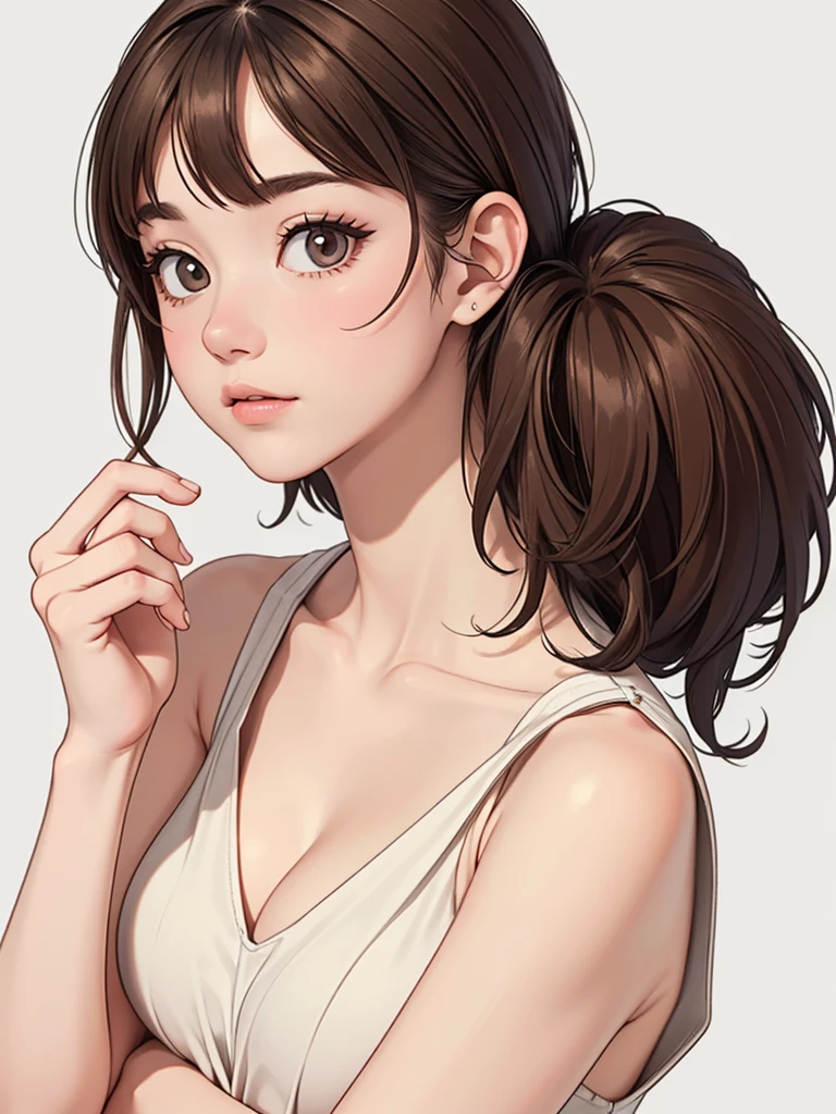 (((masterpiece, best quality, ultra highres, 1 girl, solo, no background))), super detailed skin and face and eyes and finger, beautiful japanese woman, small breasts:1.5, skinny, light brown hair, white background, very short pixie hair, (an illustration of girl), Knee shot, Generate with illustrations, Various expressions, Various poses, Various Costumes, Please draw the entire character within the frame, ensuring that the head, arms, and legs are not cut off. The background should be simple, with the character positioned centrally,