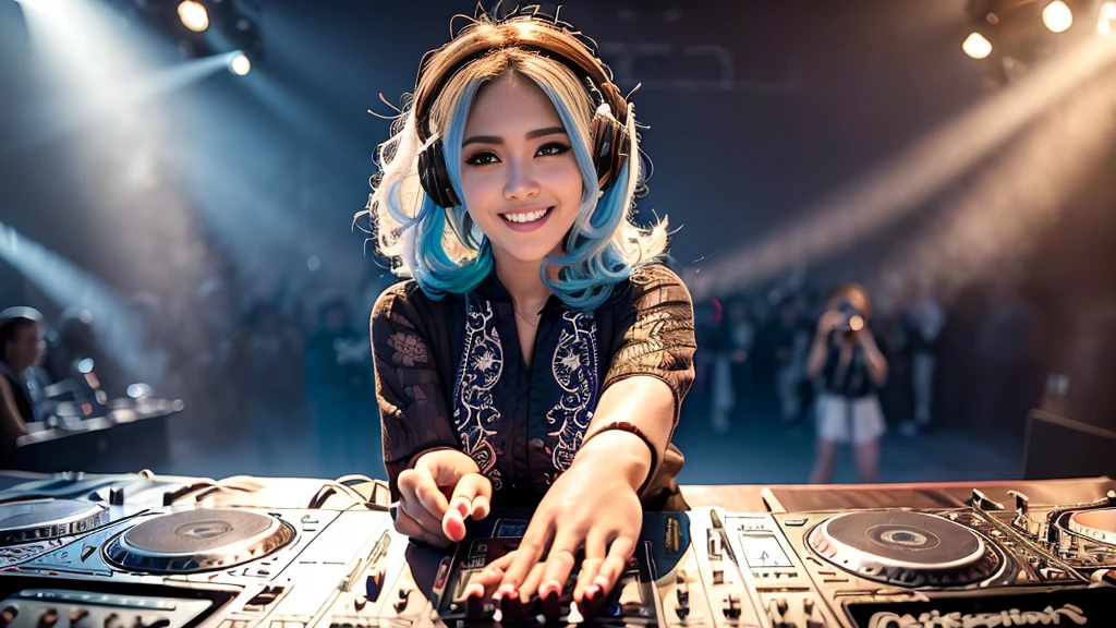 (ultra - detailed, 16K resolution, Cinema lenses, rendering by octane), (high resolution:1.18), intricate detail, (masterpiece:1.1), (highest quality:1.1), (1girl, portrait, white hair, blue eyes, short hair, detailed eyes),Wearing silver DJ headphones, 1 malay-Indonesian girl, modern plain hot deep neck top and dupatta, shy, medium portrait, watery eyes, wearing blue dark green kebaya, ((big breasts)), black bokeh background, well-proportioned body,, chubby massive thighs, full body pose, Hena art on the body, hena art on arms, full body view , wearing red sneakers , Smile while DJing on stage, full body shot of, The spotlight shines on the female DJ. Photorealistic photography by Disco Lighting, (cute round face:1.3),big breast, bigtit,perfect fingers, five fingers, beautiful hands, perfect hands. master peace, cute smile.