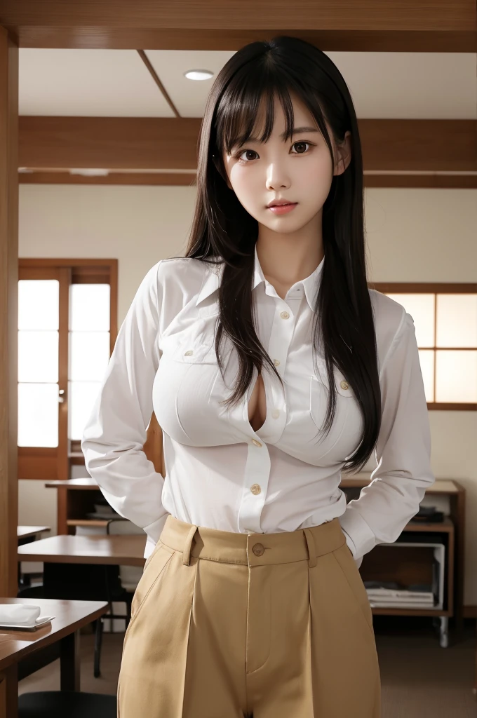 A young Japanese woman with big breasts and long straight black hair, wearing a white button-up shirt and khaki pants, standing in a room. Extremely detailed beautiful face, cinematic photo.