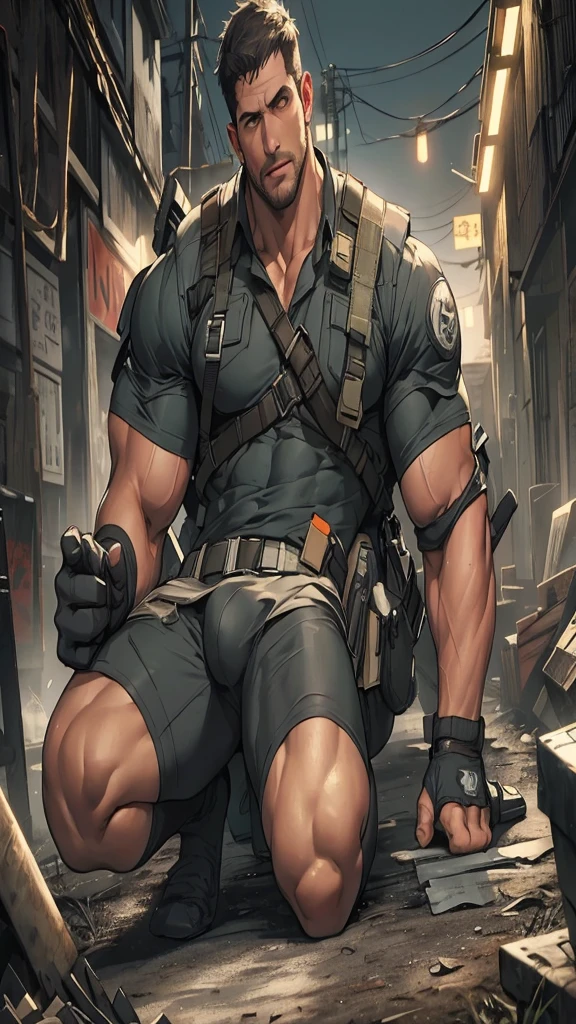 Libido man,Chris Redfield 50 years old ( Chris Redfield from Resident Evil Village), Tong,large pecs,Big bag,Wear black suit socks,Half recumbent,huge bulge, CG sense,POV perspective,Dark atmosphere,8K,Cinematic lighting effects,Textured skin,best qualtiy,Storytelling images,Storytelling images,dynamic blur,actionpose