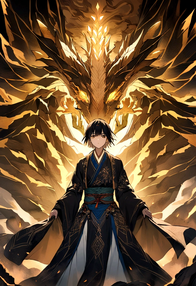 Encounter with the Ancestral Dragon: Illustrate the moment Hiro encounters the majestic Ancestral Dragon, unveiling the secrets of elemental energy, with intricate designs of magical energy