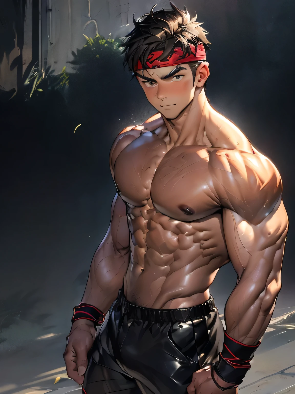 (Masterpiece, Best quality 18 year old boy, night background), ((((solo)))), Young, boy, muscler, Shirtless, topless, (Dark Short straight hair, ((almost completely shaved hair)), under cut, brown eyes), (red headband, ((leather fingerless grobe, black wristband))), ((hot Abs:1.2, big breast:1.2, upper arms, ((jacked muscle, beautiful musculature, aesthetic striations, inspirational physique, lean muscle, square pecs, beautiful v-taper, great abs and torso, chiseled abs, chiseled pecs, with his jet black military haircut and voluminous neck)))), Vivid colors, detailed face, detailed muscle, (((rippling muscles, struggle, combats, fighting, serious, ready to fight)))