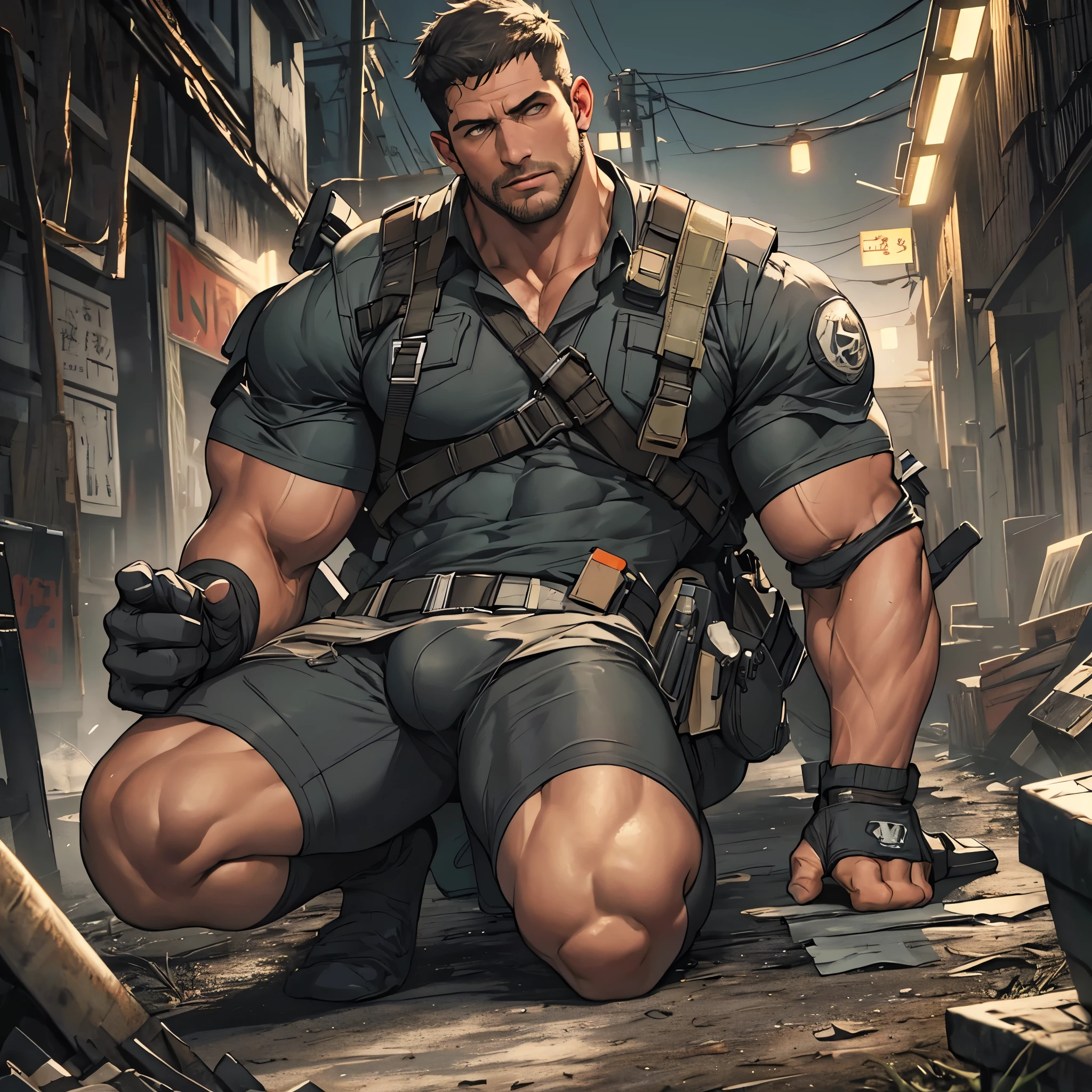 Libido man，Chris Redfield 50 years old ( Chris Redfield from Resident Evil Village), Tong，large pecs，Big bag，Wear black suit socks，Half recumbent，huge bulge, CG sense，POV perspective，Dark atmosphere，8K,Cinematic lighting effects，Textured skin，best qualtiy，Storytelling images，Storytelling images，dynamic blur，actionpose
