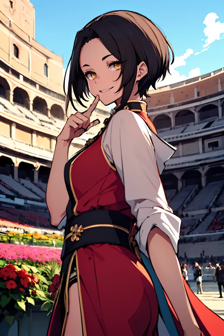 (masterpiece, best quality:1.2), hui xiyi,1boy,hair between eyes,looking at viewer,sash,short hair,solo,yellow eyes, chinese clothes, rekkyo sensen,forehead,short eyebrow, red cheongsam, black underwear, hand up, index finger raised, background((sky, blue sky, colosseum, stage, flower, flower garden))