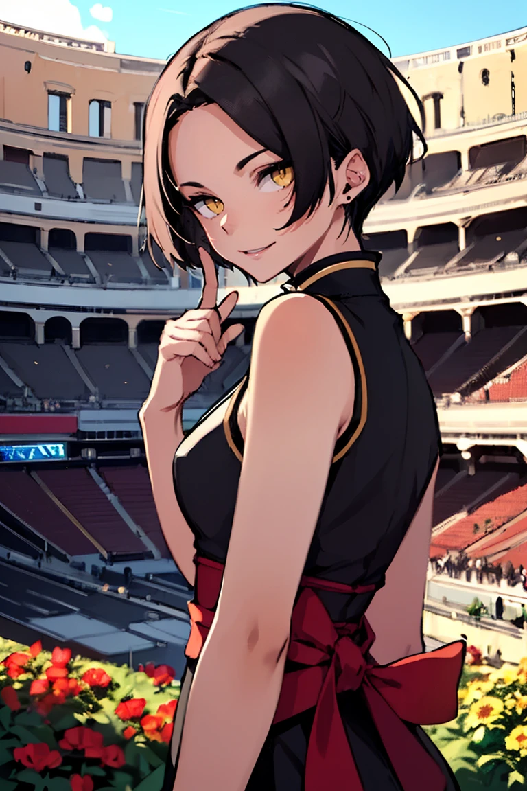 (masterpiece, best quality:1.2), hui xiyi,1boy,hair between eyes,looking at viewer,sash,short hair,solo,yellow eyes, chinese clothes, rekkyo sensen,forehead,short eyebrow, red cheongsam, black underwear, hand up, index finger raised, background((sky, blue sky, colosseum, stage, flower, flower garden))