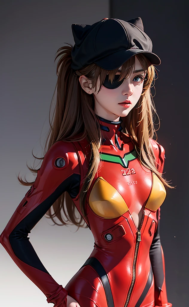 (A masterpiece:1.4、HighestQuali)、(intricately details)、Unity8k wallpapers、ultra - detailed、Beautiful and mysterious、Detailed background、hentail realism、Solo、Perfectly detailed face、Detailed blue eyes、highly detailed、face flushed、hair adornments、Chignon mahogany hair、(Blonde hair)、Plug Suit 02,Shikinami Asuka Langley、Evangelion、Slender old girl、Black banded eye patch on left eye、Full body suit、with black background、On the waist、Pirate hat、Red chest、Red jersey、White line on the arm,The panties are not completely taken off