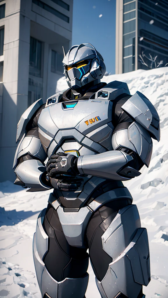 (((masterpiece))),16K,best quality,, 1 Boy, armor,  clasped hands, ,Male focus, , power armor, alone, Permanent,Snow falling all around，Doomsday，Gray mecha，urban ruins，Reinforced armor，Wearing a large mecha suit，Body weight of benzene