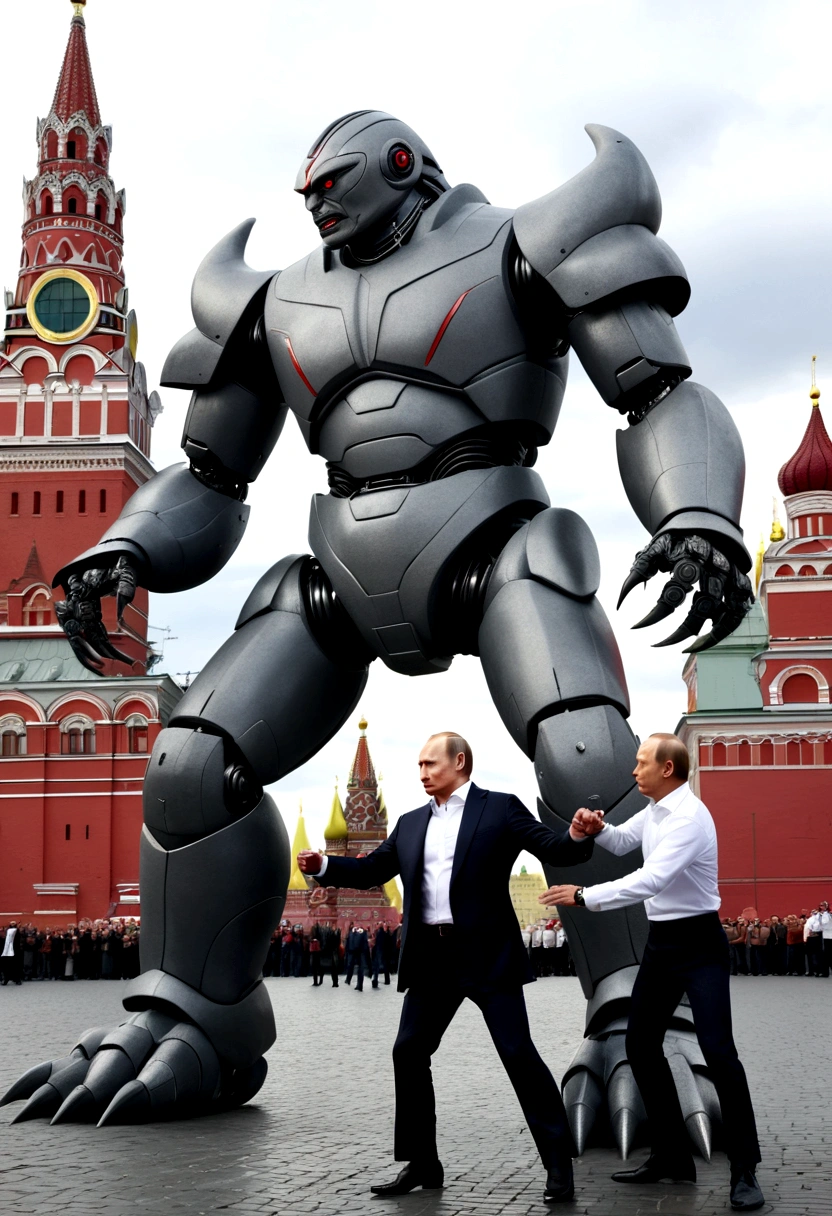 a huge robot Vladimir Putin in kaiju style fights with a huge kaiju Vladimir Zelensky, On Red Square