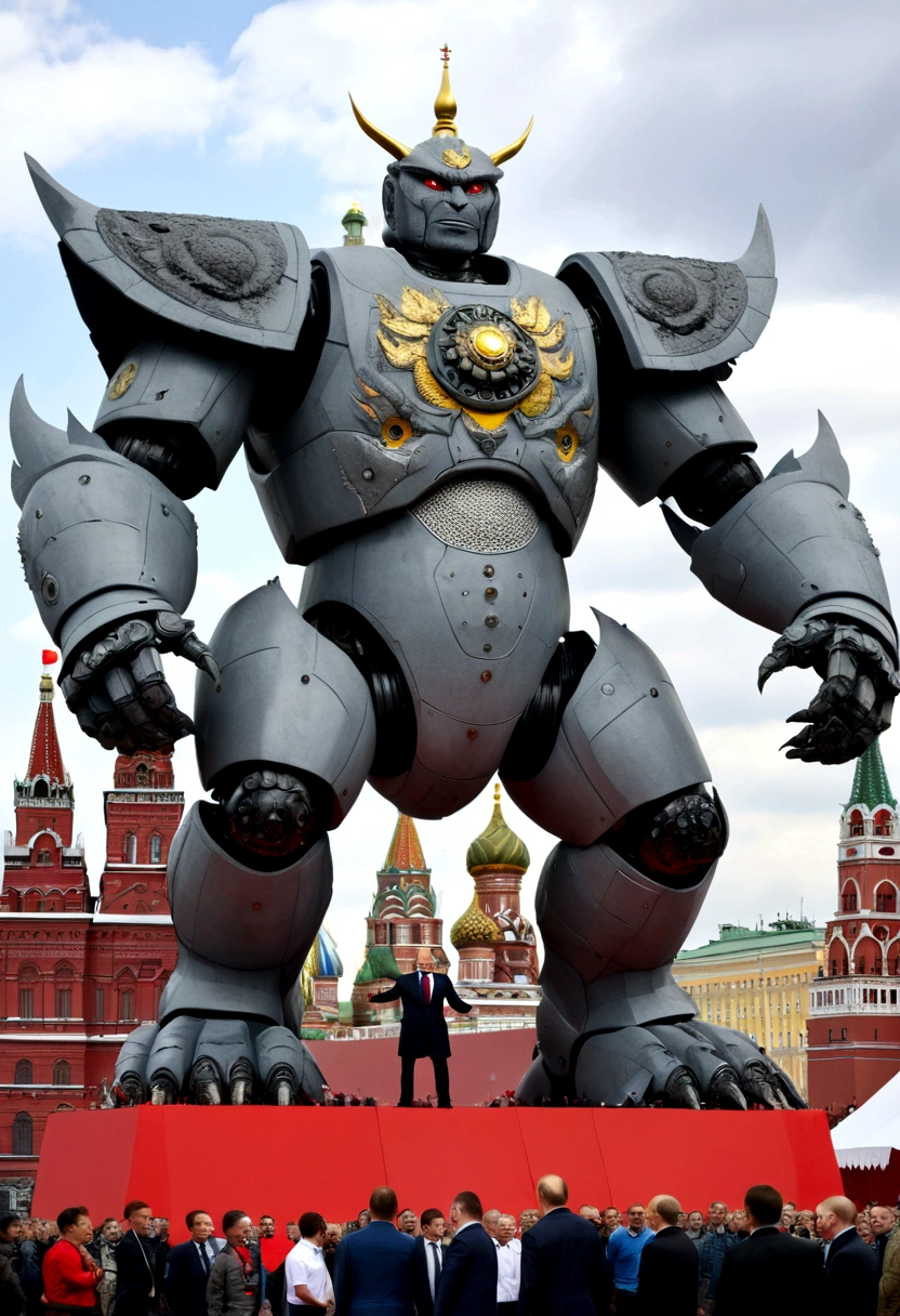 a huge robot Vladimir Putin in kaiju style fights with a huge kaiju Vladimir Zelensky, On Red Square