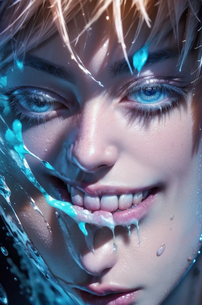 Masterpiece, Best Quality, (Extremely detailed CG unity 8k wallpaper, Masterpiece, Best Quality, ultra detailed, best shadow), (detailed background), (beautiful detailed face, Beautiful detailed eyes), High contrast, (better lighting, an extremely delicate and beautiful),1 girl,((colorful paint splashes on transparent background, Dulux,)), ((Caustic)), Dynamic Angle,beautiful detailed shine,whole body, paint splash on face. , 3d realistic anime style, Seductive anime boy, anime realism style, attractive anime boy,beautiful and attractive anime men, mirando a gojo Satoru , ((gojo Satoru)) Gojo Satoru's Jujutsu Kaisen, whole body,