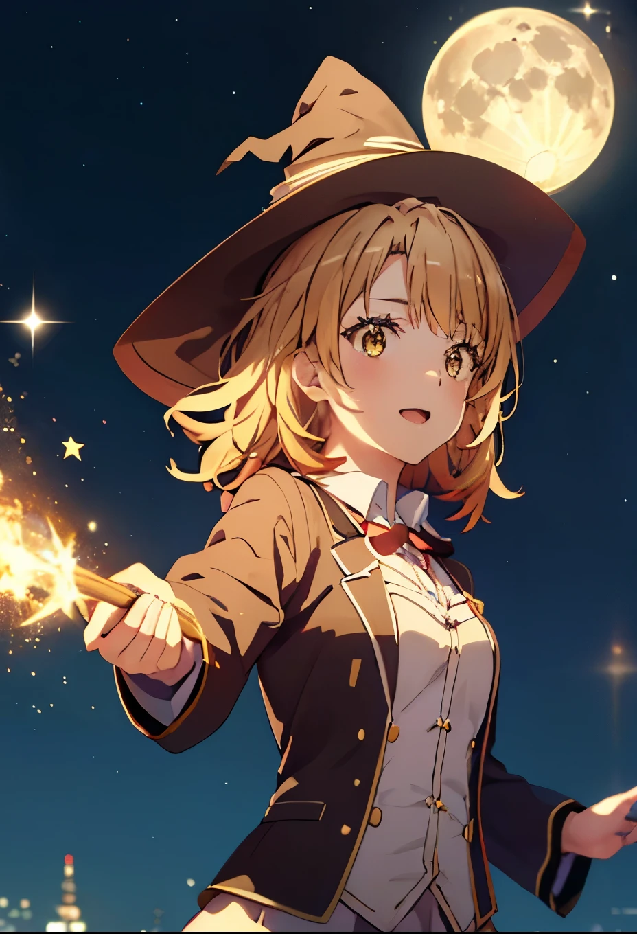 Irohaisshiki, isshiki iroha, short hair, Brown Hair, (Brown eyes:1.5), smile,((Night Sky)),((Big full moon)),((Sparkling and colorful stars)),Fluffy hair,((Idol style costume with soft volume)),Long skirt,((gorgeous wizard hat)),((witch)),(magic wand with a jewel on the tip),Explosive Flame,
break outdoors, forest,forest
break looking at viewer,Upper Body,
break (masterpiece:1.2), Highest quality, High resolution, unity 8k wallpaper, (shape:0.8), (Narrow and beautiful eyes:1.6), Highly detailed face, Perfect lighting, Extremely detailed CG, (Perfect hands, Perfect Anatomy),