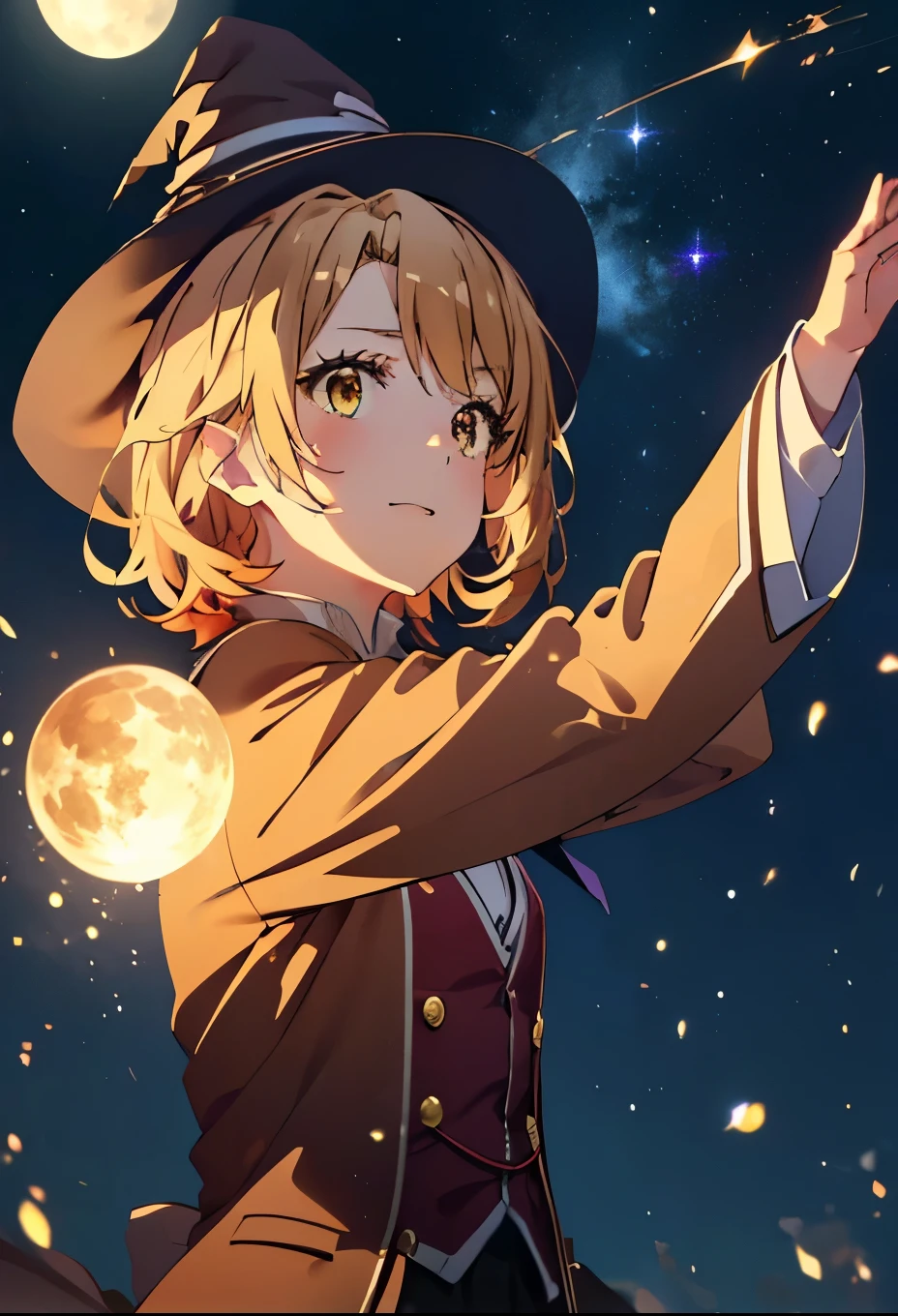 Irohaisshiki, isshiki iroha, short hair, Brown Hair, (Brown eyes:1.5), smile,((Night Sky)),((Big full moon)),((Sparkling and colorful stars)),Fluffy hair,((Idol style costume with soft volume)),Long skirt,((gorgeous wizard hat)),((witch)),(magic wand with a jewel on the tip),Explosive Flame,
break outdoors, forest,forest
break looking at viewer,Upper Body,
break (masterpiece:1.2), Highest quality, High resolution, unity 8k wallpaper, (shape:0.8), (Narrow and beautiful eyes:1.6), Highly detailed face, Perfect lighting, Extremely detailed CG, (Perfect hands, Perfect Anatomy),