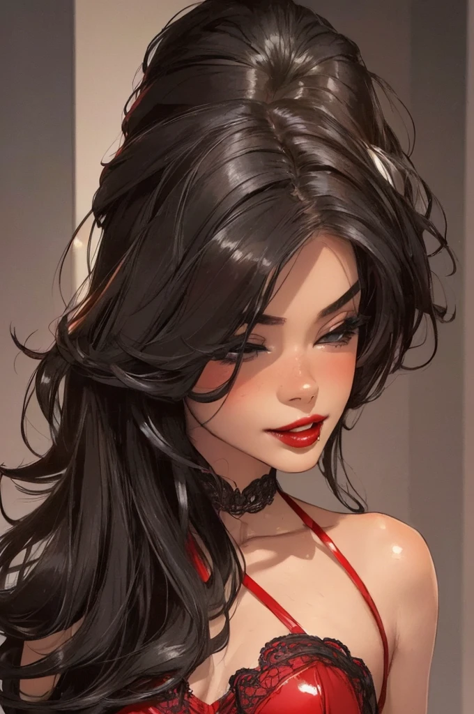 1girl,a beautiful fashion model ,(masterpiece, detailed background, best quality), shoulder length and shiny hair, black hair,smirk,juicy lips,red lips, lingerie, , elegant makeup, exhibitionism, influencer, thot, (((pov, missionary, sexual, sex, man having sex with girl))) full body, body shot,