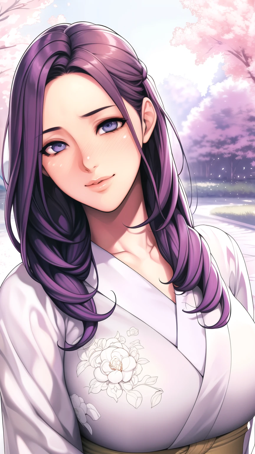blooms in the fields,dynamic pose,standing at attention,
White_kimono,long sleeves, wide sleeves, 
purple_hair, long_hair, hair_pulled_back,parted_lips,purple_eyes, Single_braid,
1 girl, 20yo,Young female,Beautiful long legs,Beautiful body,
Beautiful Nose,Beautiful character design, perfect eyes, perfect face,expressive eyes,perfect balance,
looking at viewer,(Focus on her face),closed mouth, (innocent_big_eyes:1.0),(Light_Smile:0.3),
official art,extremely detailed CG unity 8k wallpaper, perfect lighting,Colorful, Bright_Front_face_Lighting,White skin,
(masterpiece:1.0),(best_quality:1.0), ultra high res,4K,ultra-detailed,
photography, 8K, HDR, highres, absurdres:1.2, Kodak portra 400, film grain, blurry background, bokeh:1.2, lens flare, (vibrant_color:1.2),professional photograph,
(Beautiful,large_Breasts:1.4), (beautiful_face:1.5),(narrow_waist),