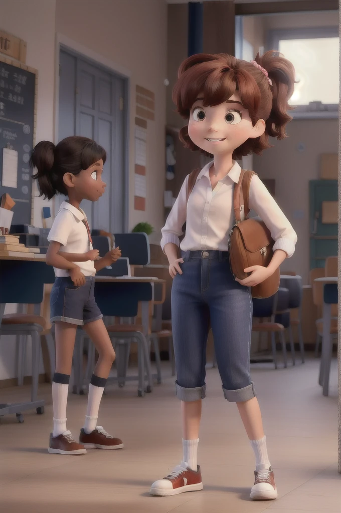 Fille avec les cheveux mi courts qui va a l’école avec sont chat dans ont sac a dos
