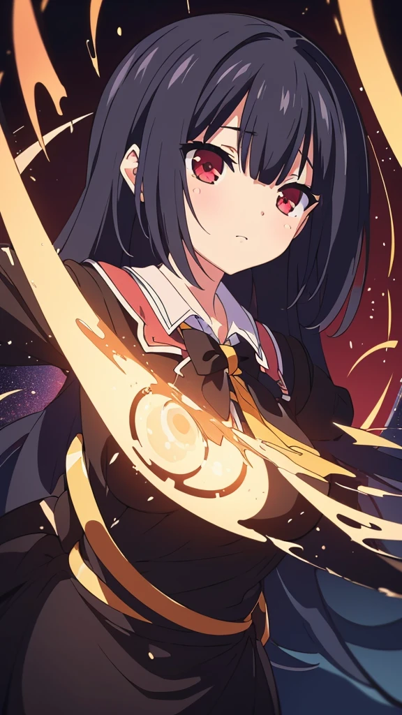 (Masterpiece, Best Quality, ultra detailed, best shadow), (detailed background,dark fantasy), (beautiful detailed face), High contrast, (better lighting, an extremely delicate and beautiful), ((cinematic light)), showy, hyper detail, dramatic light, intricate details, (1 girl, Alone,black fur, sharp face,two low tails,Red eyes, hair between the eyes,dynamic angle), blood splash, black light swirling around the character, depth of field,black light particles,(broken glass),magic circle, full body