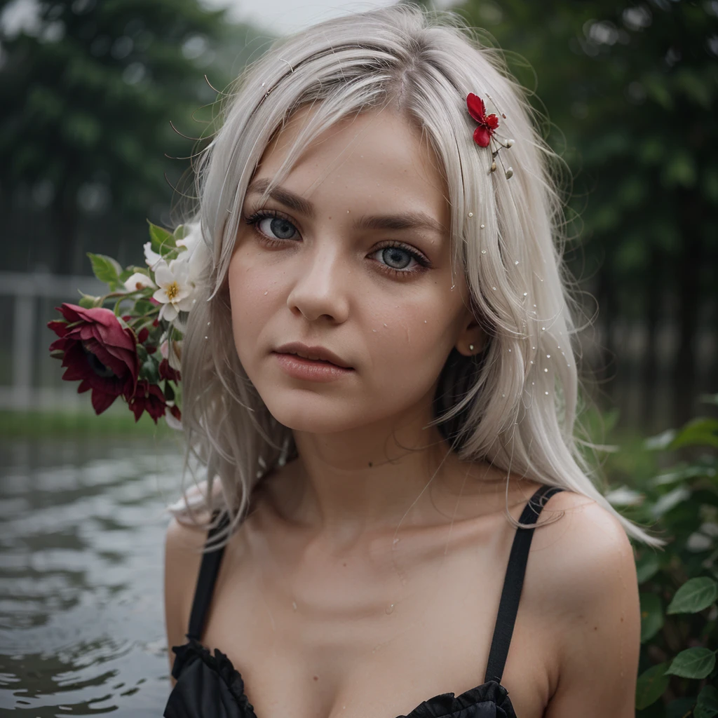 Photo realistic, 1girl,solo,((beautiful detailed eyes)), (detailed light),depth of field,(white hair),silver eyes,hair over one eye,(red flower ), hair flower,long hair, Renaissance dress with corset,wet,emotionless,looking back,night,starfall,raining,fog,red flowers falling,sketch,upper body,intense shadows,