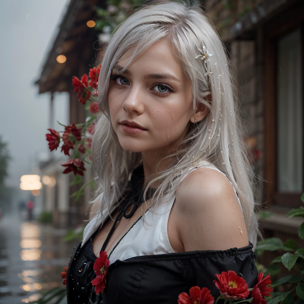 Photo realistic, 1girl,solo,((beautiful detailed eyes)), (detailed light),depth of field,(white hair),silver eyes,hair over one eye,(red flower ), hair flower,long hair, Renaissance dress with corset,wet,emotionless,looking back,night,starfall,raining,fog,red flowers falling,sketch,upper body,intense shadows,