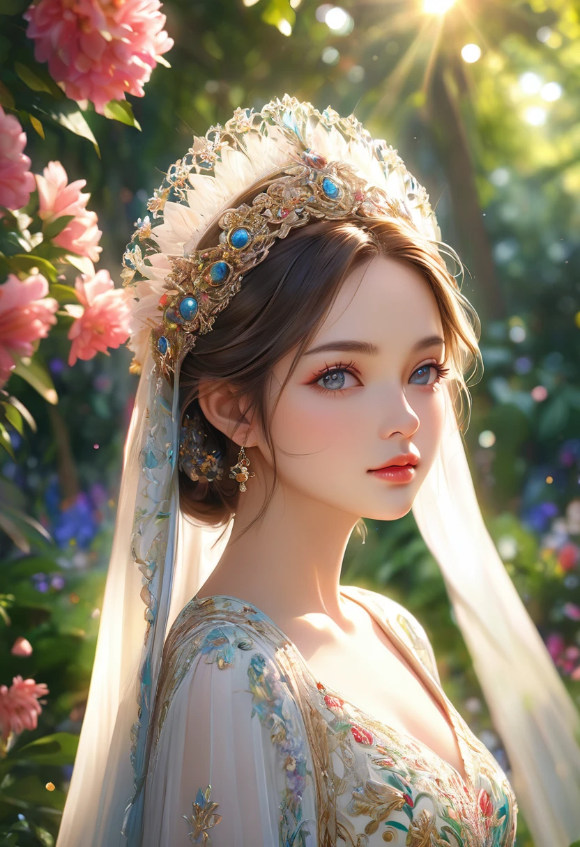 A beautiful young woman, exquisite detailed face, high-quality detailed eyes, long eyelashes, delicate lips, flawless skin, ornate headdress, elegant flowing dress, serene expression, standing in a lush garden, colorful flowers, sunlight filtering through trees, soft bokeh background, (best quality,8k,highres,masterpiece:1.2),ultra-detailed,(realistic,photorealistic:1.37),vibrant colors,natural lighting