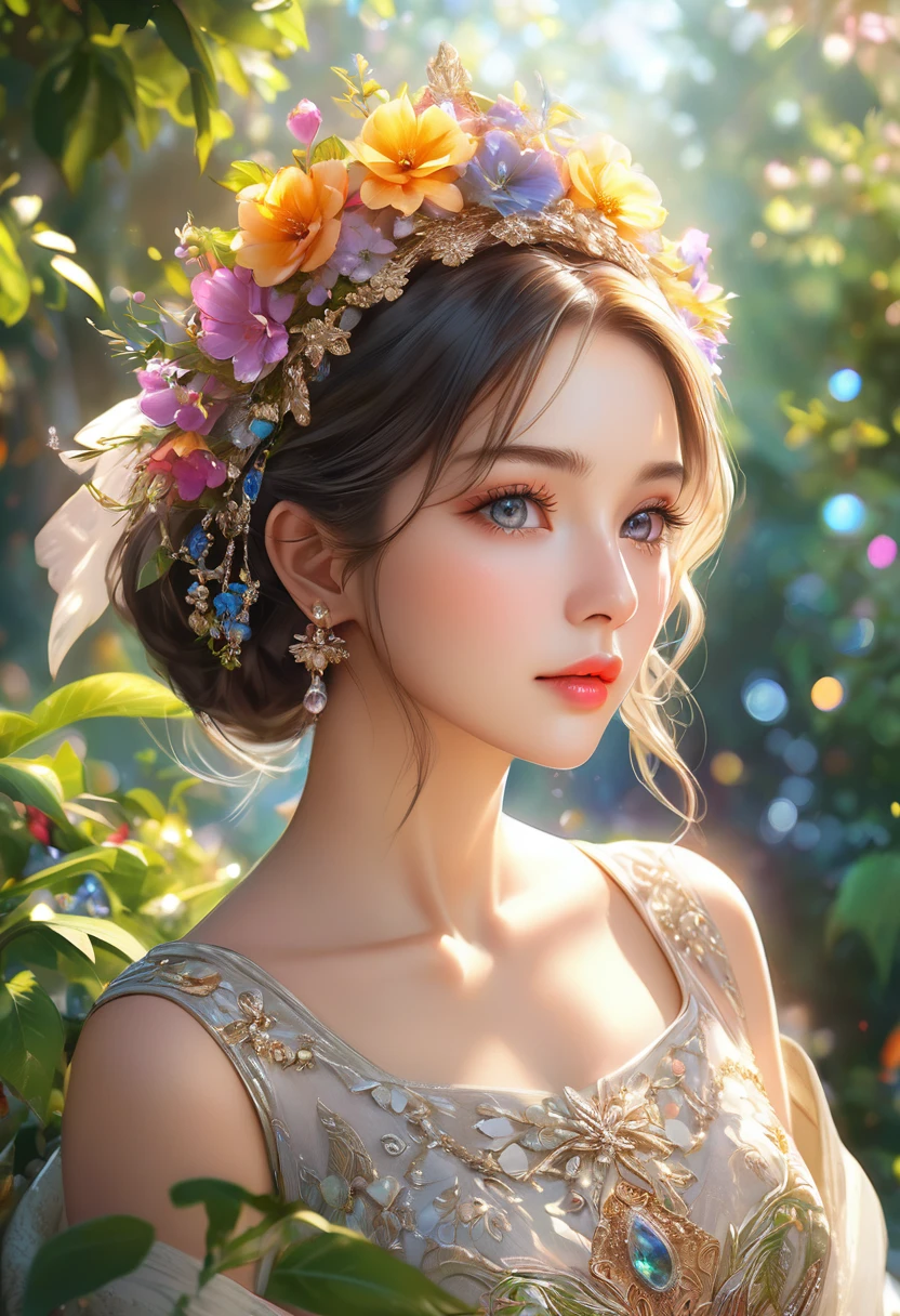 A beautiful young woman, exquisite detailed face, high-quality detailed eyes, long eyelashes, delicate lips, flawless skin, ornate headdress, elegant flowing dress, serene expression, standing in a lush garden, colorful flowers, sunlight filtering through trees, soft bokeh background, (best quality,8k,highres,masterpiece:1.2),ultra-detailed,(realistic,photorealistic:1.37),vibrant colors,natural lighting