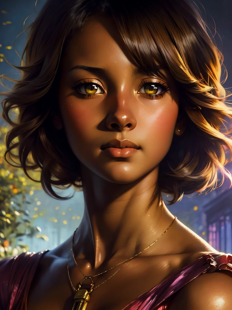 ((Solo Beautiful Carribean woman with dark skin and striking eyes)), shadowed interior background, art by akihiko yoshida, manga art style, colorfield illustration, scary atmosphere, global illumination, by frank frazetta, art by goro fujita, glamor shot, banner, blur, anime key visual, (blue, yellow and gray colors), photorealistic dramatic anime girl, intricately detailed, chiaroscuro, pino daeni, impressionist (best quality, masterpiece)