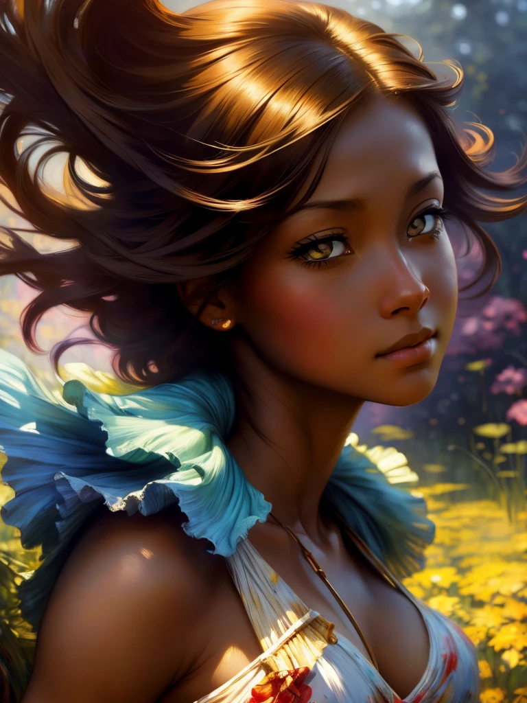 ((Solo Beautiful Carribean woman with dark skin and striking eyes)),  shadowed interior background, art by akihiko yoshida, manga art style, colorfield illustration, scary atmosphere, global illumination, by frank frazetta, art by goro fujita, glamor shot, banner, blur, anime key visual, (blue, yellow and gray colors), photorealistic dramatic anime girl, intricately detailed, chiaroscuro, pino daeni, impressionist (best quality, masterpiece)