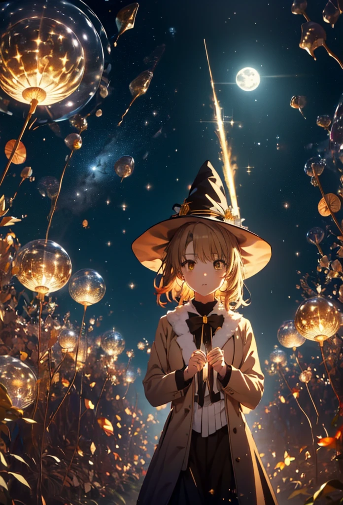 Irohaisshiki, isshiki iroha, short hair, Brown Hair, (Brown eyes:1.5), smile,((Night Sky)),((Big full moon)),((Sparkling and colorful stars)),Fluffy hair,((Idol style costume with soft volume)),Long skirt,((gorgeous wizard hat)),((witch)),(magic wand with a jewel on the tip),Explosive Flame,
break outdoors, forest,forest
break looking at viewer,Upper Body,
break (masterpiece:1.2), Highest quality, High resolution, unity 8k wallpaper, (shape:0.8), (Narrow and beautiful eyes:1.6), Highly detailed face, Perfect lighting, Extremely detailed CG, (Perfect hands, Perfect Anatomy),