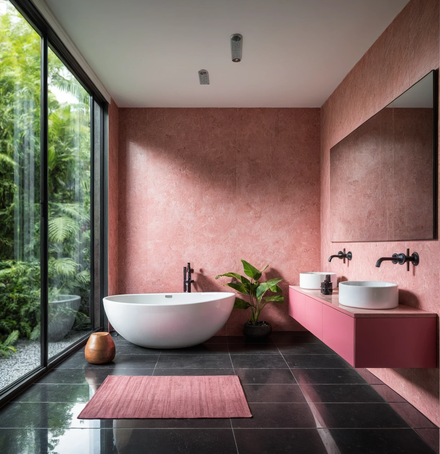 Raw photo,Masterpiece, high quality, best quality, authentic, super detail, interior, bathroom style modern, sunset, day light, window , overlooking tropical garden, ((black and pink tones)), bathtub, faucet, shower, lavatory, glass wall, bottles, mirror, lavabo, cabinet, wall tiles mosaic