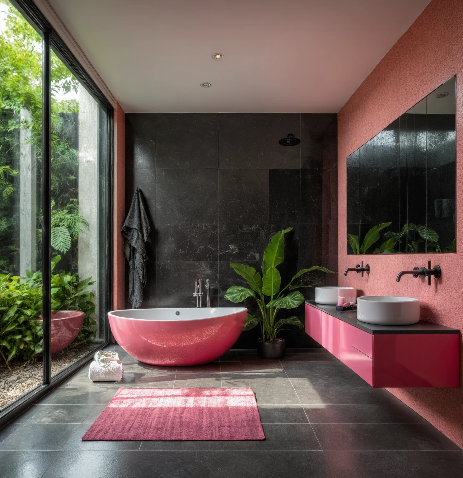 Raw photo,Masterpiece, high quality, best quality, authentic, super detail, interior, bathroom style modern, sunset, day light, window , overlooking tropical garden, ((black and pink tones)), bathtub, faucet, shower, lavatory, glass wall, bottles, mirror, lavabo, cabinet, wall tiles mosaic
