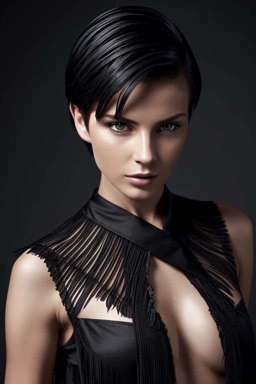Gorgeous european woman with short hair, wet hair, hair slicked back, combed straight back, slick hair, streaked black hair, seductive pose, karen gillan, dressed in a sheer white net bikini, cleavage, solid dark grey background