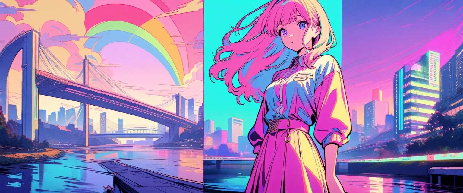 masterpiece, Highest quality, Beautiful attention to detail, Super detailed, In detail, High resolution, Perfect Anatomy, colorful, pastel colour, (One girl:1.5), alone, (City pop illustrations), (City Pop Art), Simple Background, Retro Style, (Vaporwave City Pop), (80's city pop:1.5), (City Pop Anime), (river, bridge), Retro Style, Kyoto Animation, 80's fashion, Cowboy Shot,
