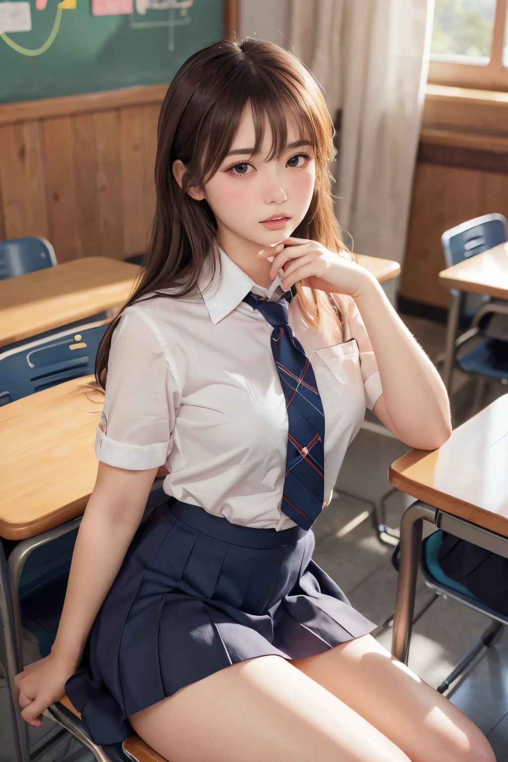 (Showing off panties:1.2), (Professional portrait, Realistic and perfectly shaped subjects:1.3), (masterpiece, highest quality:1.2), (Realistic, Ultra-realistic, Realistic:1.3), (ultra High resolution), High resolution, Intricate details, Super detailed, (Highly detailed CG, unity 8k wallpaper:1.3), Clear image,
break
(1 Japanese girl, ), (cute, Slender figure), (Perfect Anatomy, Correct limbs:1.2), (Perfect hands), Perfect Arms, Beautiful and delicate face down to the last detail, Beautiful and delicate eye and eye highlights, (Very thin and delicate、not too long lashes), (Captivating eyes, Beautifully detailed eyes and face), light makeup, Pink Lip, Lip gloss, Stylish face, (Shiny skin, Realistic skin detail), Brown Hair, medium chest
break
((school uniform)), (High school girl), (Black socks), shirt open
break
classroom, Sitting in a chair, (Cowboy Shot), break
(((blush:1.4))), ((Embarrassing:1.4)), (((shy:1.5)))
break
from below
break