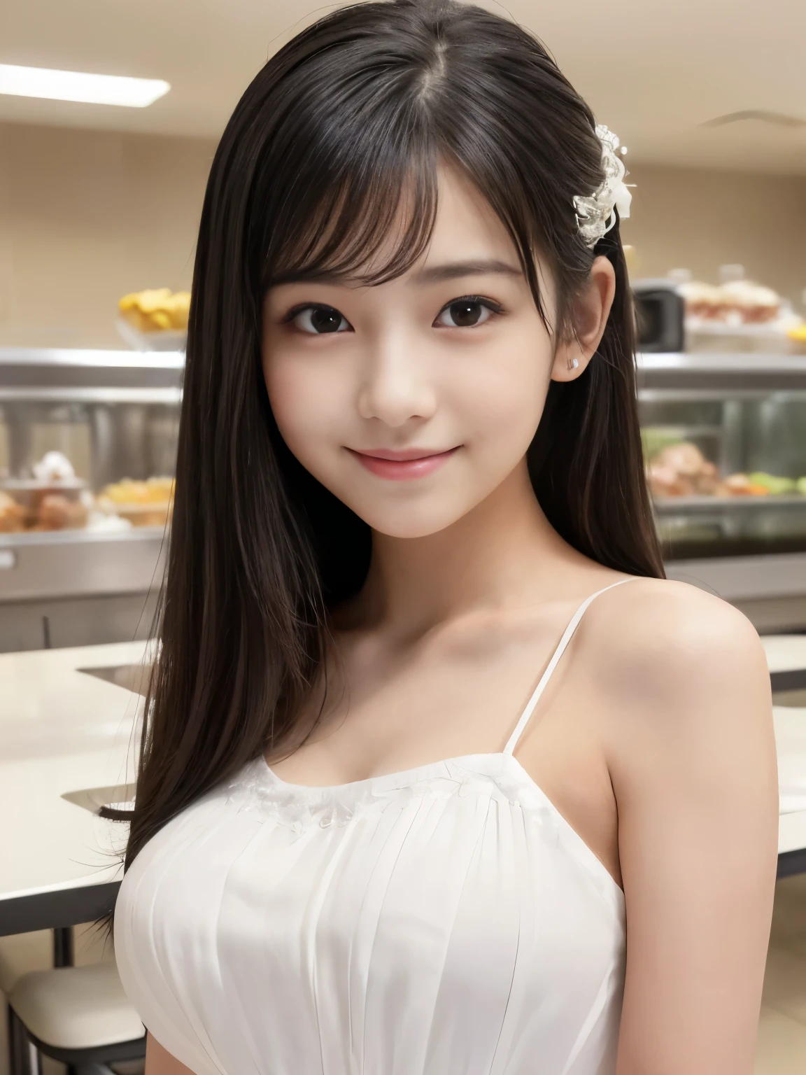 (Best-quality, Masterpiece, Ultra-High-Resolution, (Photorealistic:1.4), Raw Photo, depth of field, professional lighting, perfect anatomy, extremely details), 1girl, -yeld, thost famous Japanese idol, ((extremely cute face like the most popular Japanese idol, ((extremely cute and extremely big black-eyes)), extremely beautiful black-hair), (((extremely realistic and extremely beautiful skins))), extremely cute long-eyelashes, extremely cute lips), extremely childish body, ((innocent smile, dynamic pose)), (wearing white long summer-dress with cute-design), (((at cafeteria, detailed white-long-summer-dress-with-cute-design, detailed cafeteria, (detailed cafeteria))))