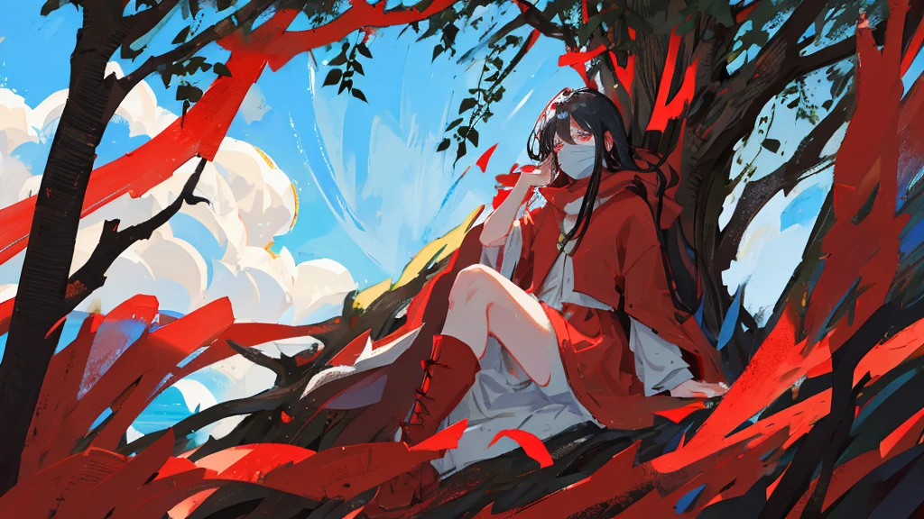 A warrior with red and black armor and long black hair and a mask covering his mouth, meditating in a tree.