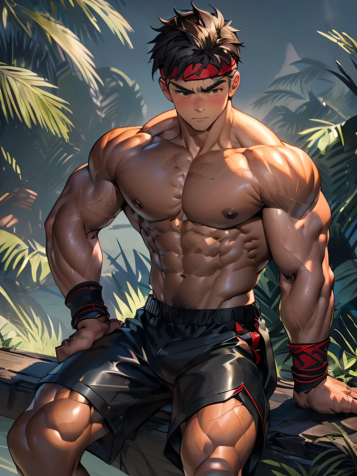 (Masterpiece, Best quality 18 year old boy, night background, stand front), ((((solo)))), Young, boy, muscler, Shirtless, topless, (Dark Short straight hair, ((almost completely shaved hair)), under cut, brown eyes), (red headband, ((leather fingerless grobe, black wristband))), ((hot Abs:1.2, big breast:1.2, upper arms, ((jacked muscle, beautiful musculature, aesthetic striations, inspirational physique, lean muscle, square pecs, beautiful v-taper, great abs and torso, chiseled abs, chiseled pecs, with his jet black military haircut and voluminous neck)))), Vivid colors, detailed face, detailed muscle, (((rippling muscles, struggle, combats, fighting, serious, ready to fight)))