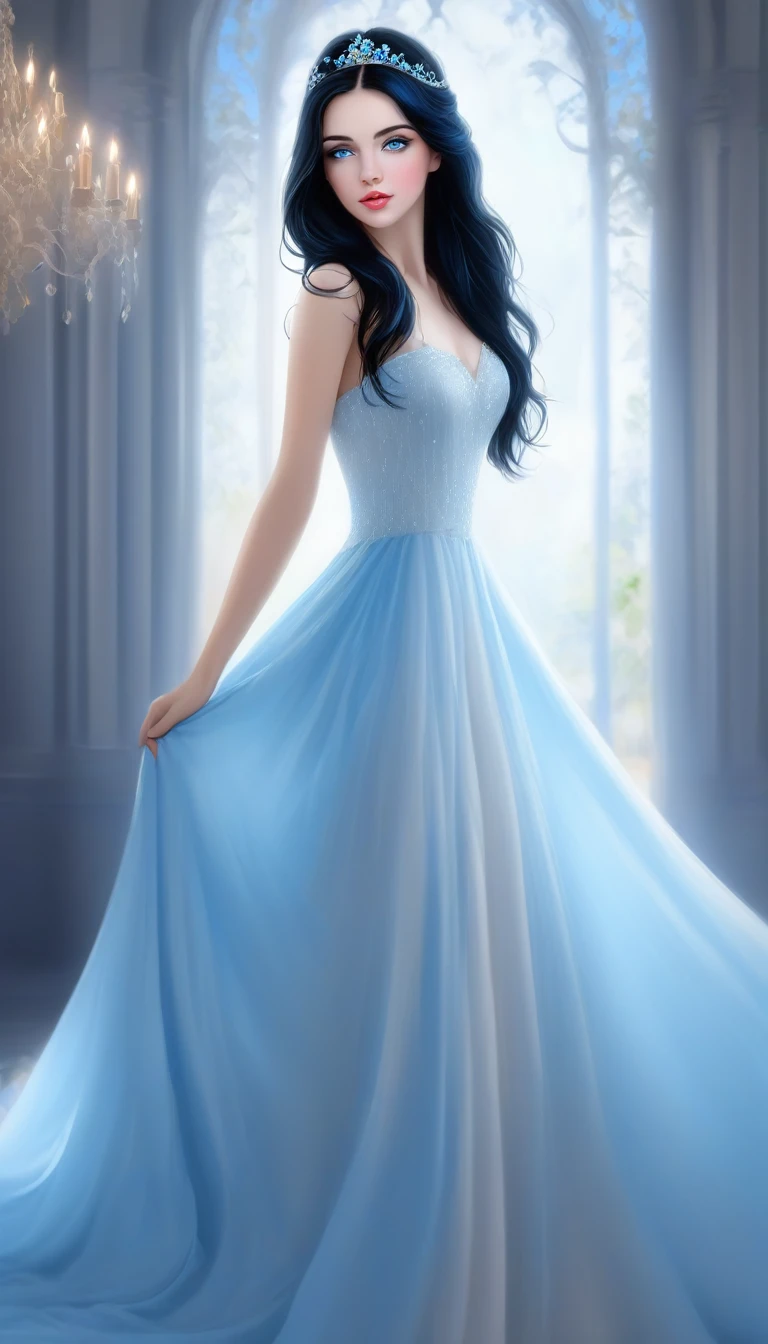 Beautiful and beautiful young princess with black hair and blue eyes., she is wearing a beautiful long white dress