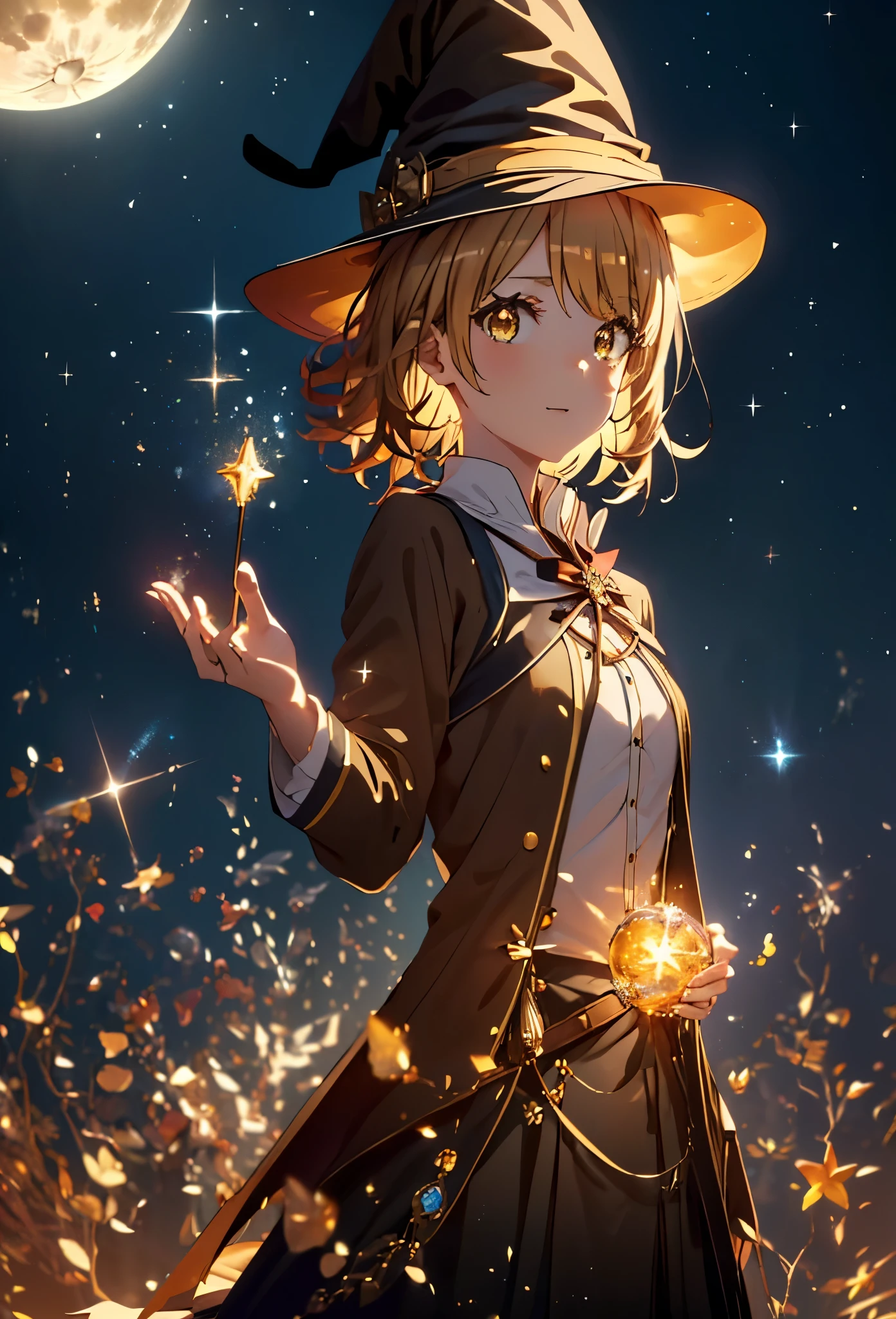 Irohaisshiki, isshiki iroha, short hair, Brown Hair, (Brown eyes:1.5), smile,((Night Sky)),((Big full moon)),((Sparkling and colorful stars)),Fluffy hair,((Idol style costume with soft volume)),Long skirt,((gorgeous wizard hat)),((witch)),(magic wand with a jewel on the tip),Explosive Flame,
break outdoors, forest,forest
break looking at viewer,Upper Body,
break (masterpiece:1.2), Highest quality, High resolution, unity 8k wallpaper, (shape:0.8), (Narrow and beautiful eyes:1.6), Highly detailed face, Perfect lighting, Extremely detailed CG, (Perfect hands, Perfect Anatomy),